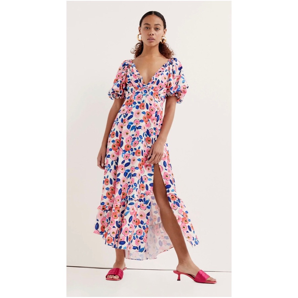 NWOT For Love & Lemons Floral Midi Dress Short Puff Sleeve V Neck Size Small